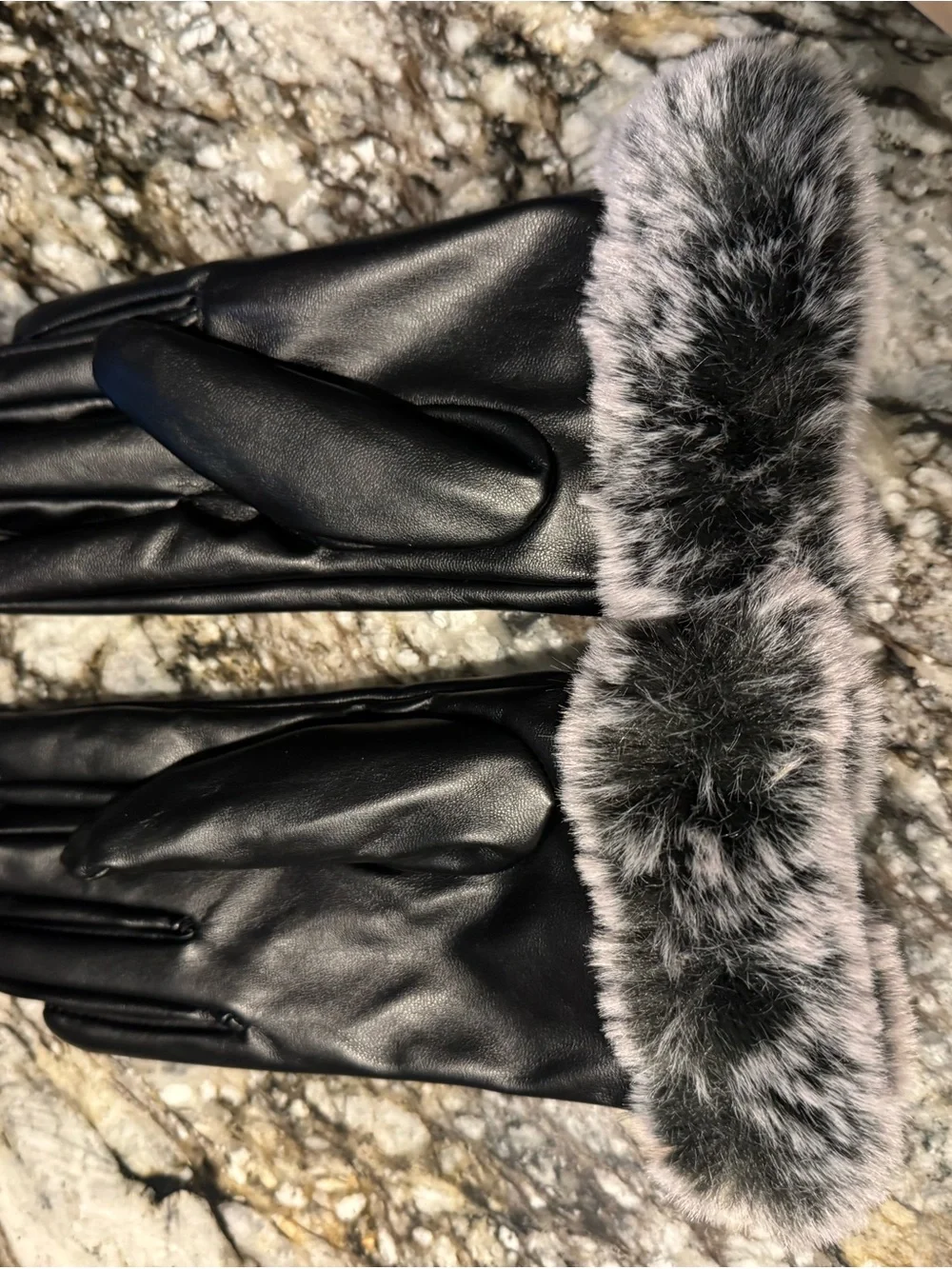 New Classic Black Leather Gloves with Grey Fur Cuff one size